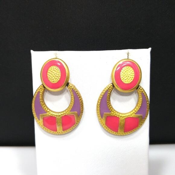 Vintage Hot Pink, Lavender, and Gold Post Drop Earrings, BJI Designer, 1 1/2 In - Picture 4 of 9